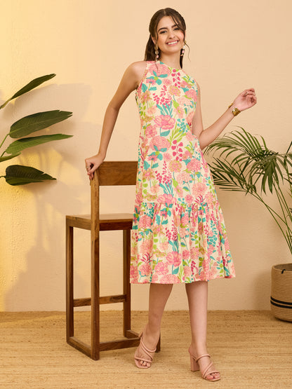 Janasya Beige A-Line Cotton Dress - Dista