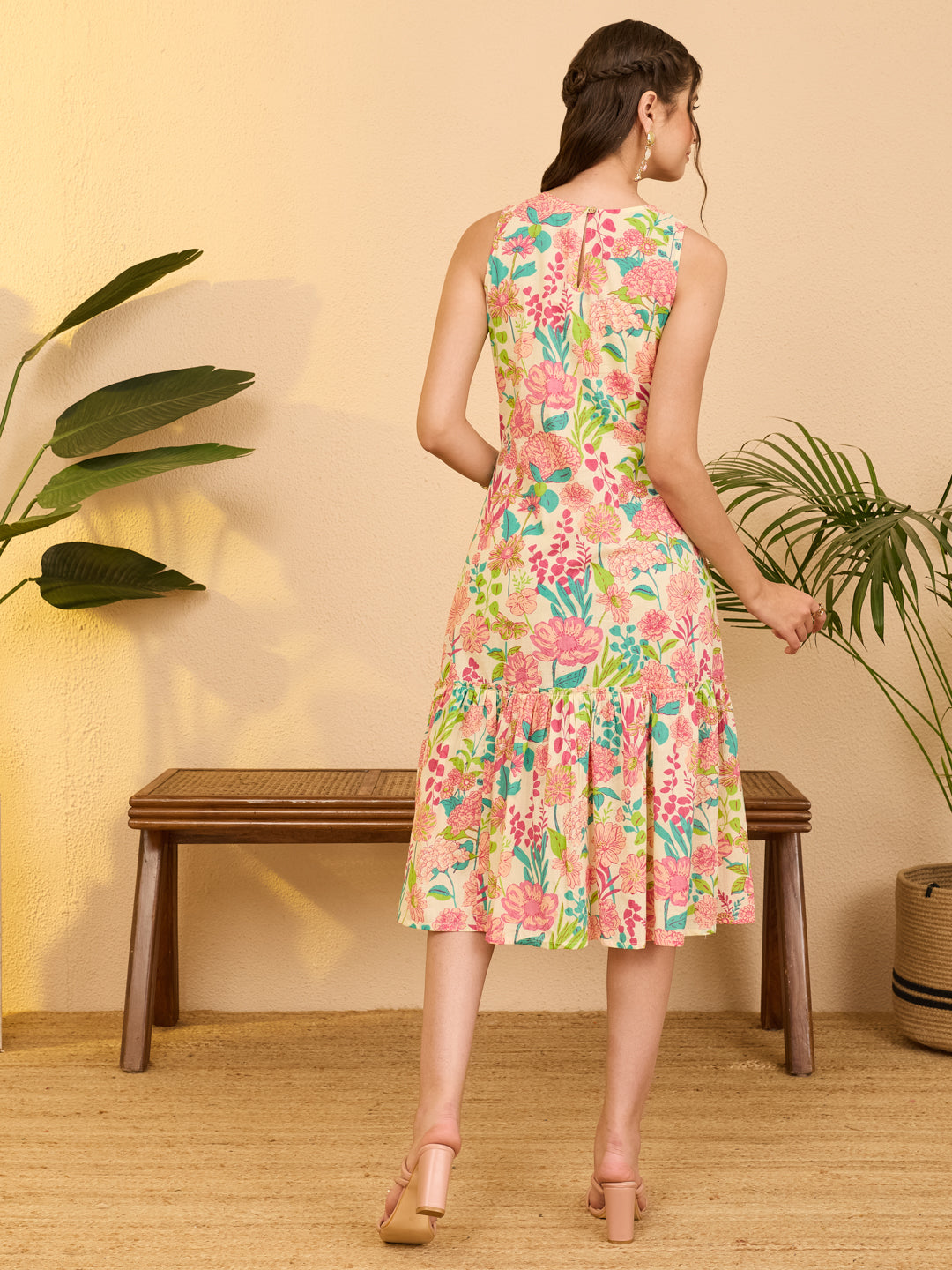 Janasya Beige A-Line Cotton Dress - Dista