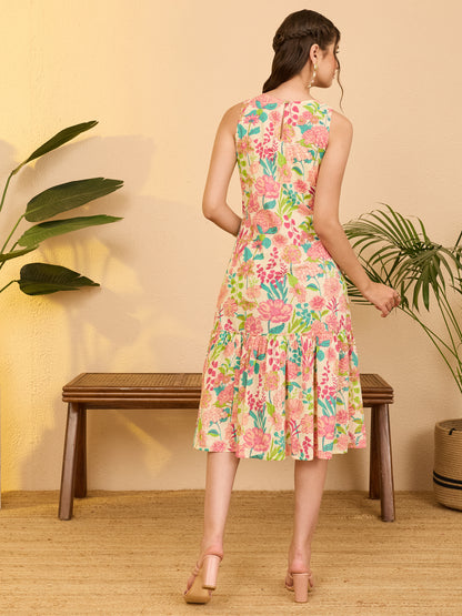 Janasya Beige A-Line Cotton Dress - Dista