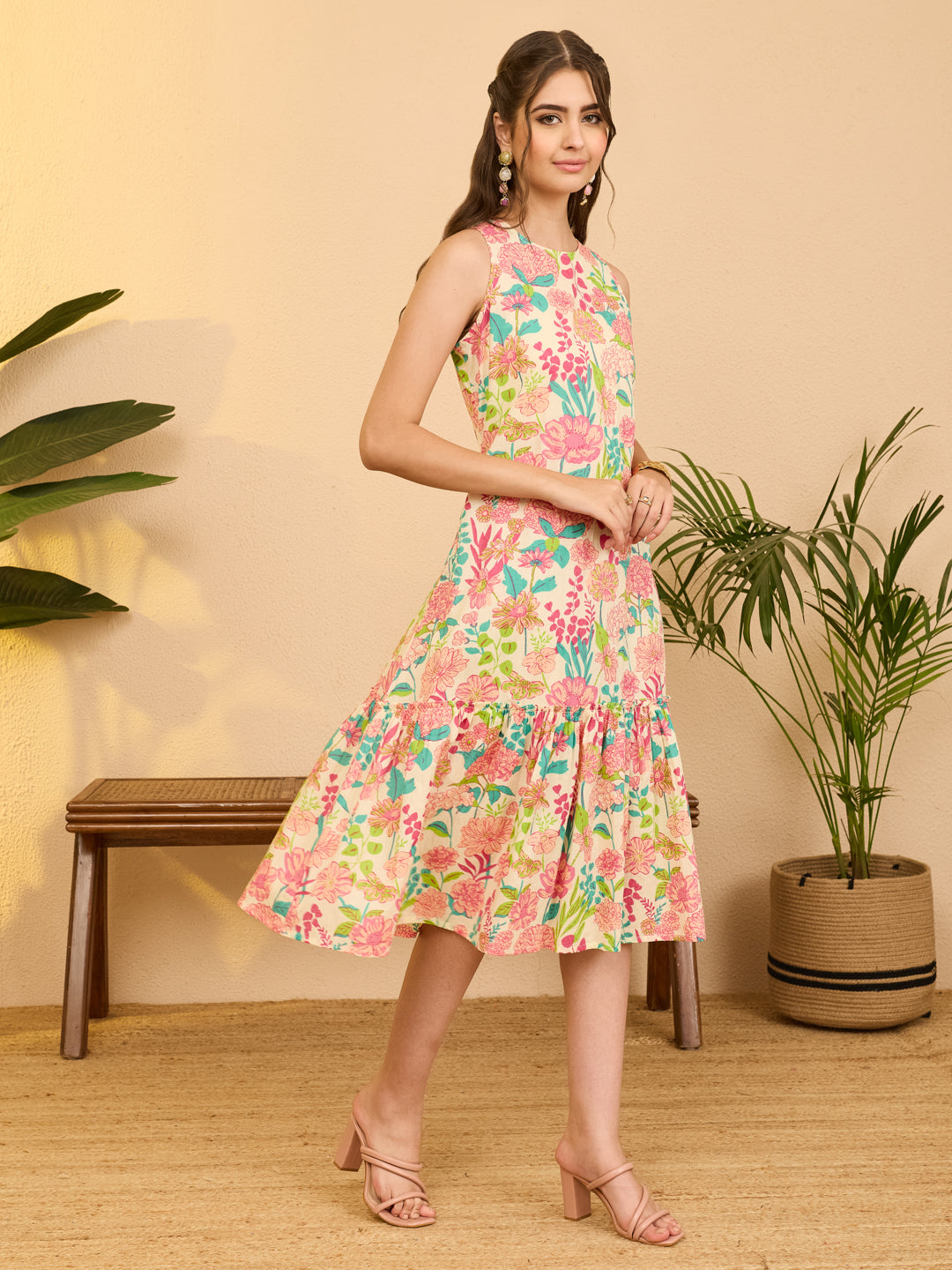Janasya Beige A-Line Cotton Dress - Dista