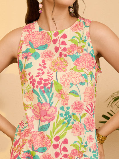 Janasya Beige A-Line Cotton Dress - Dista