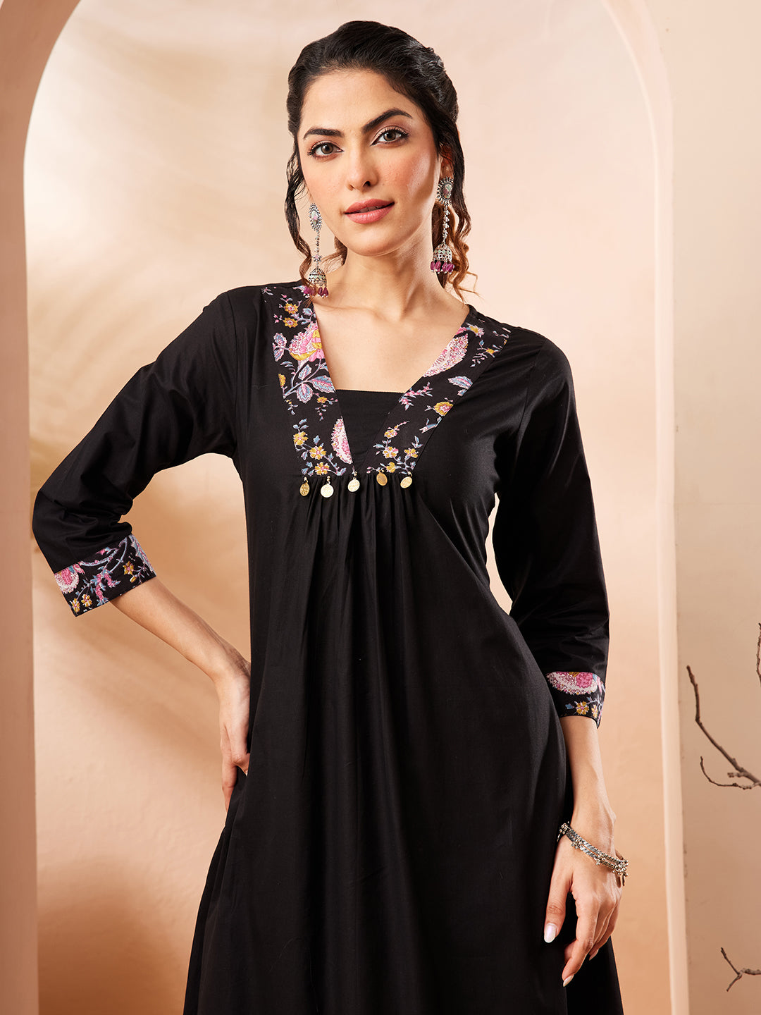 Janasya Black A-Line Cotton Kurta & Bottom - Dista
