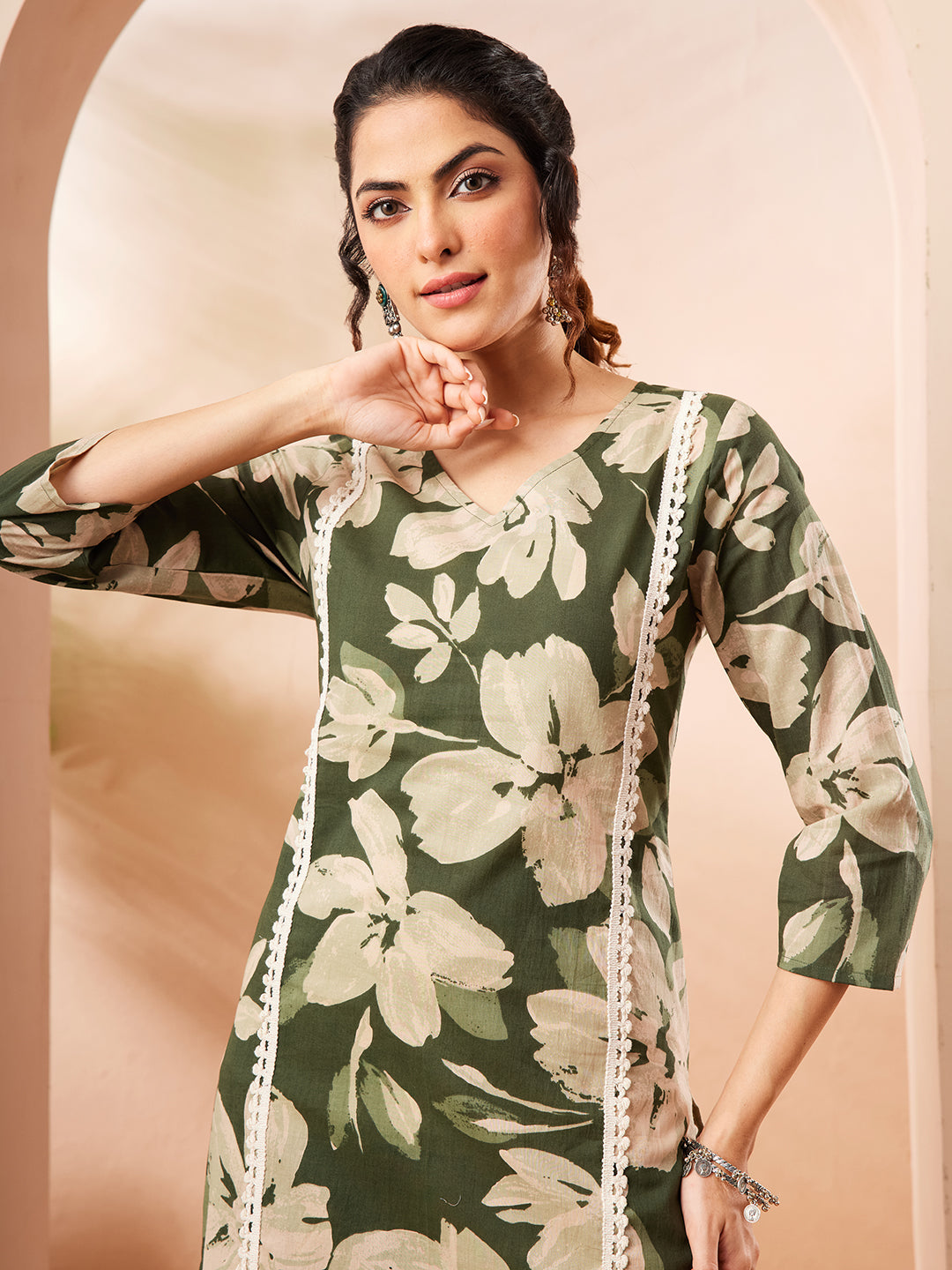Janasya Olive Straight Cotton Kurta & Bottom - Dista