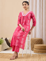 Thumbnail for Janasya Pink A-Line Cotton Kurta & Bottom - Dista