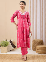 Thumbnail for Janasya Pink A-Line Cotton Kurta & Bottom - Dista