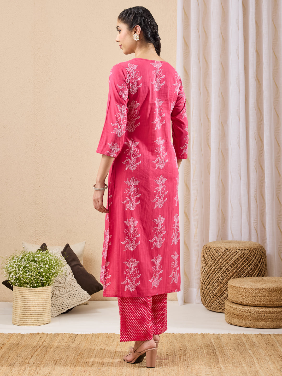 Janasya Pink A-Line Cotton Kurta & Bottom - Dista