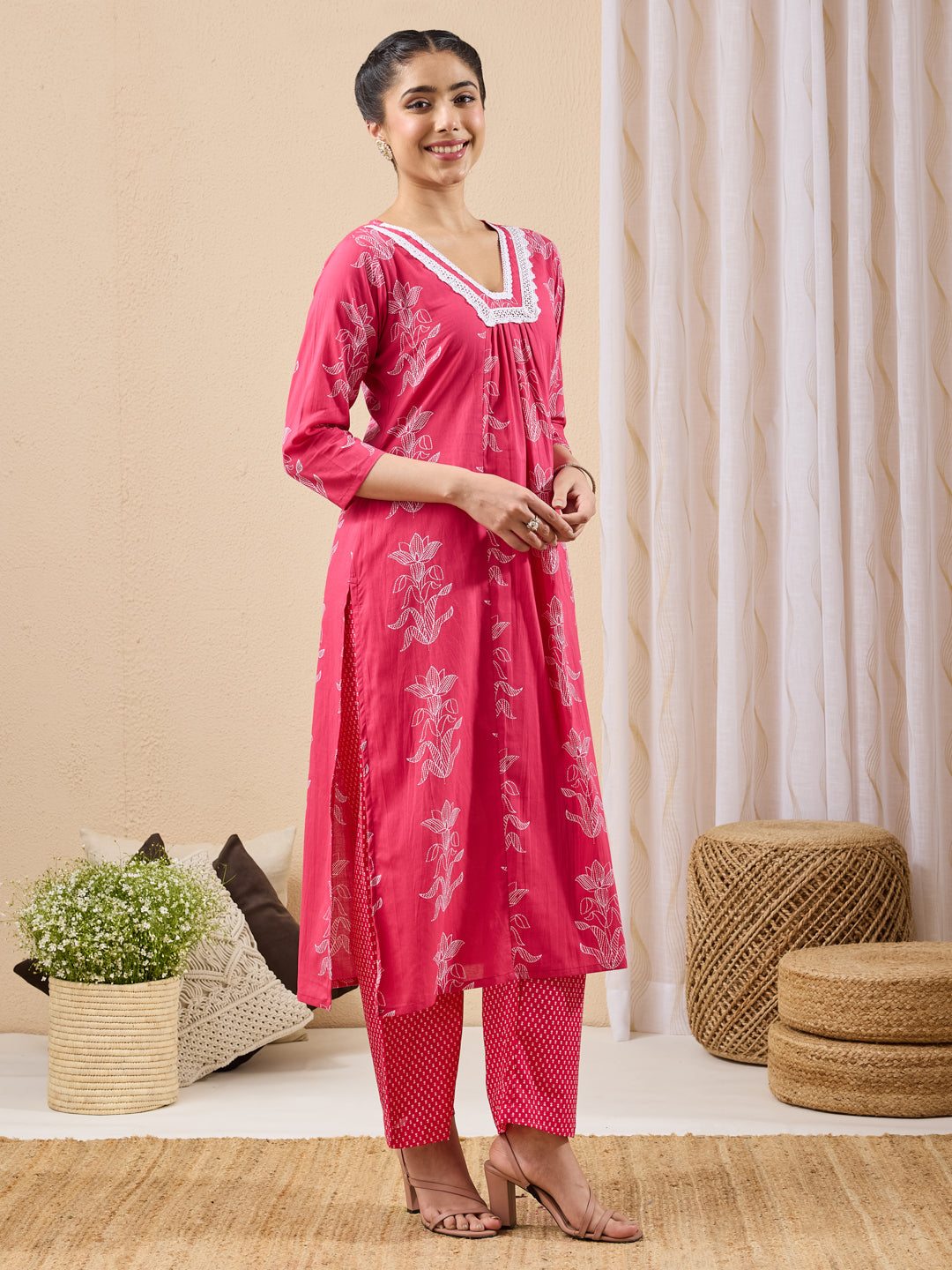 Janasya Pink A-Line Cotton Kurta & Bottom - Dista