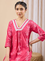 Thumbnail for Janasya Pink A-Line Cotton Kurta & Bottom - Dista
