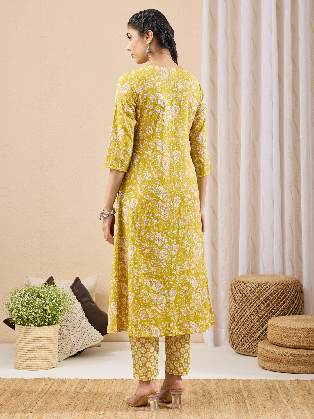 Janasya Lime Yellow A-Line Cotton Kurta & Bottom - Dista