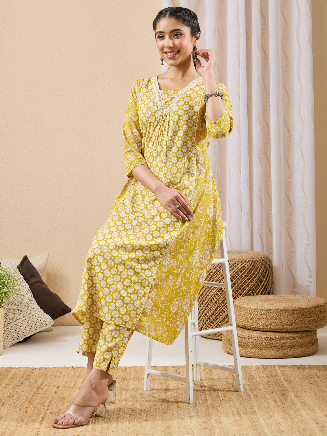 Janasya Lime Yellow A-Line Cotton Kurta & Bottom - Dista