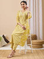Thumbnail for Janasya Lime Yellow A-Line Cotton Kurta & Bottom - Dista