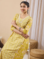 Thumbnail for Janasya Lime Yellow A-Line Cotton Kurta & Bottom - Dista