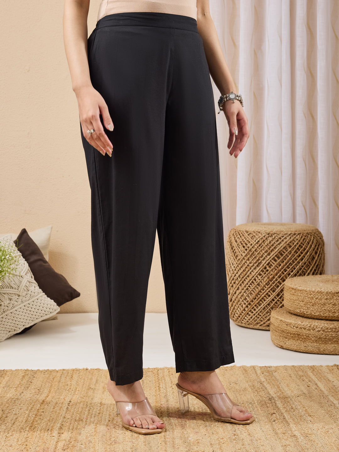 Janasya Black A-Line Cotton Kurta & Bottom - Dista