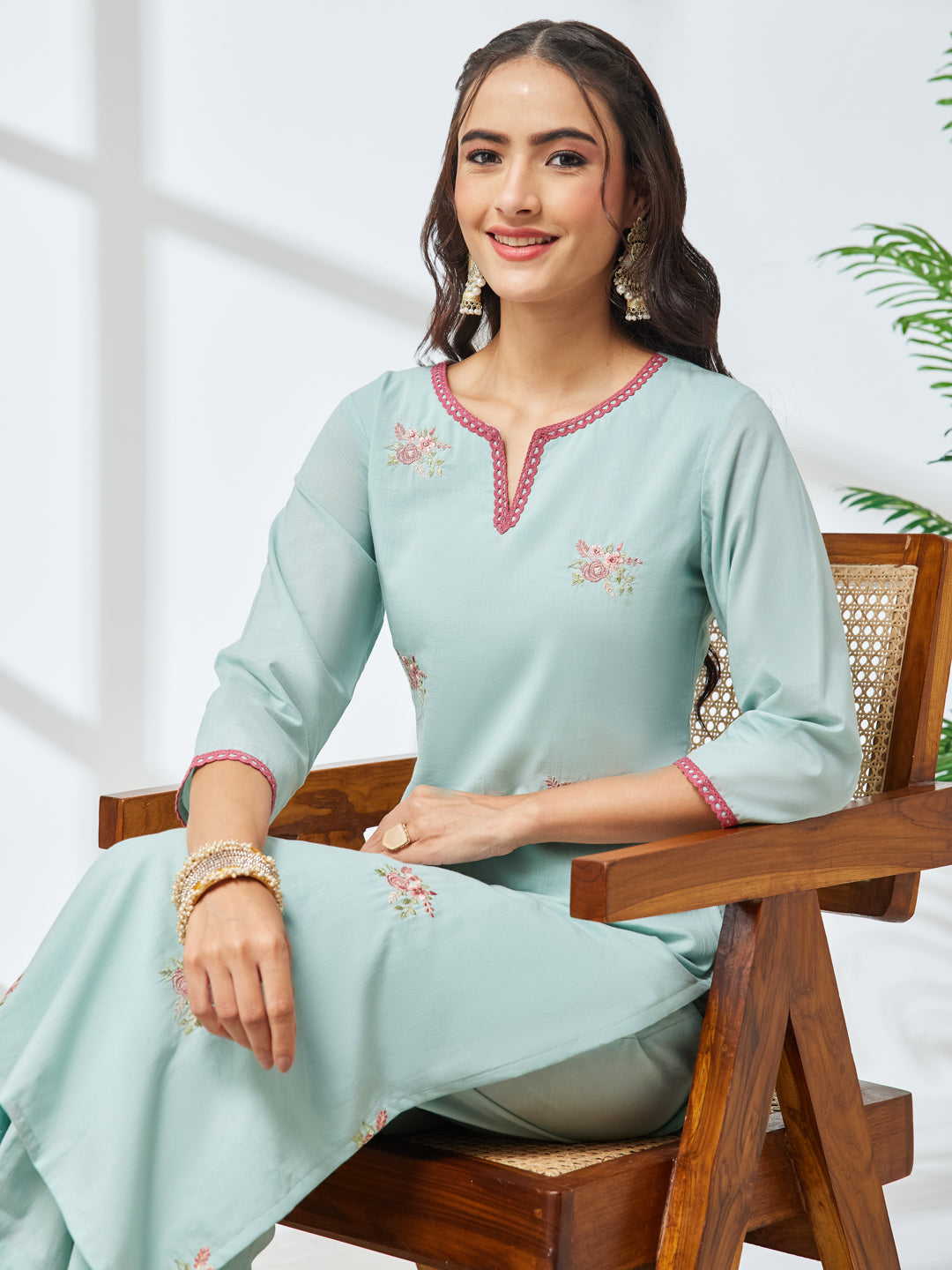 Janasya Sea Green Straight Cotton Kurta & Bottom - Dista