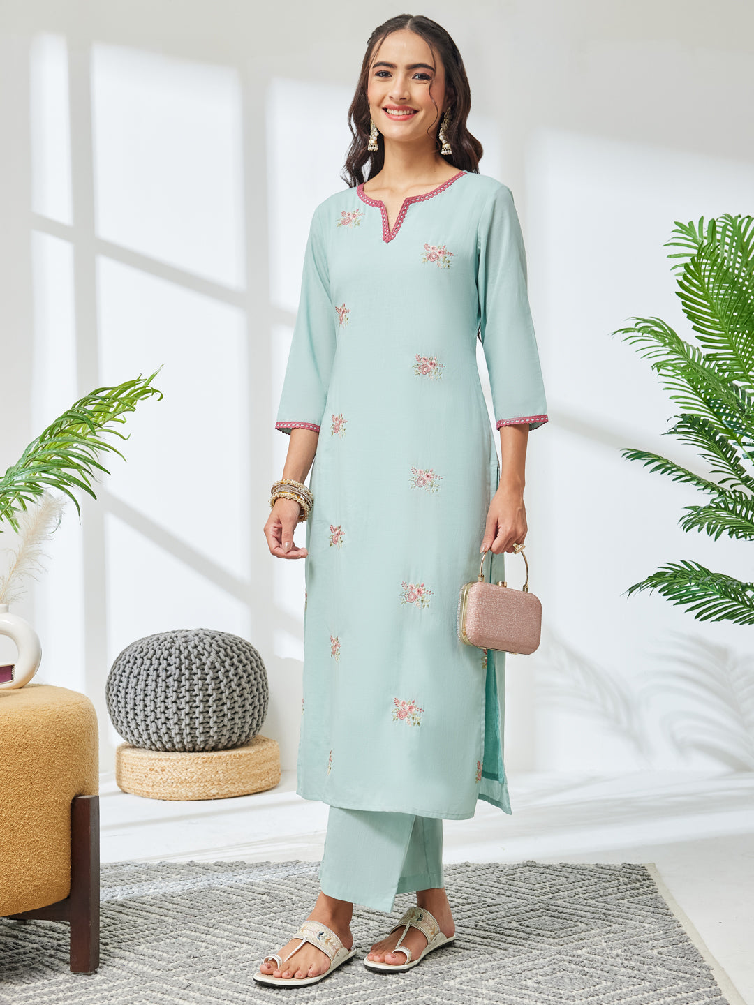 Janasya Sea Green Straight Cotton Kurta & Bottom - Dista