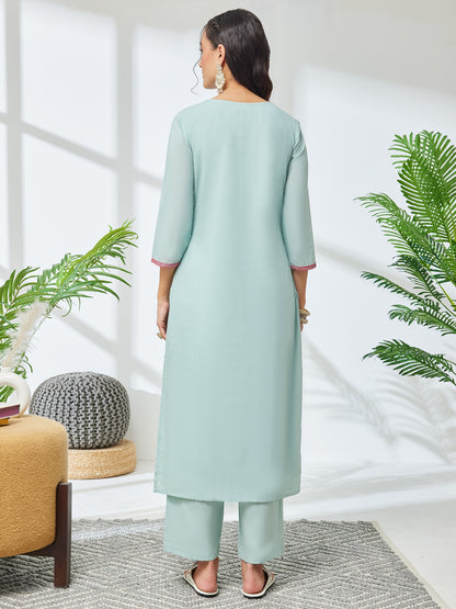 Janasya Sea Green Straight Cotton Kurta & Bottom - Dista