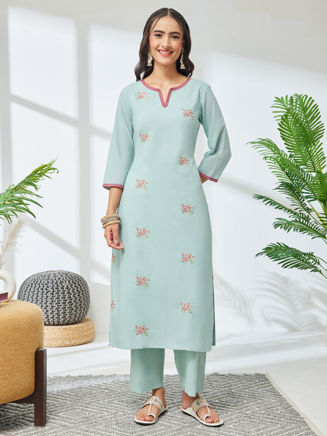 Janasya Sea Green Straight Cotton Kurta & Bottom - Dista