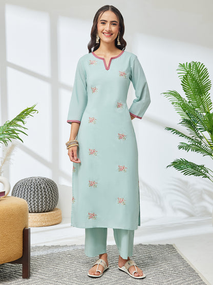 Janasya Sea Green Straight Cotton Kurta & Bottom - Dista