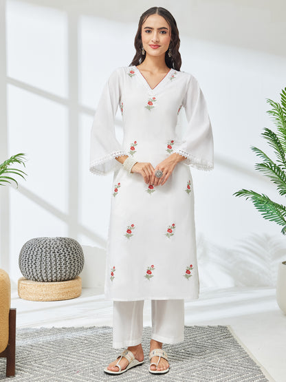 Janasya White Straight Cotton Kurta & Bottom - Dista