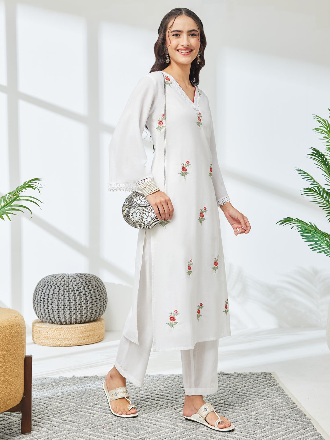 Janasya White Straight Cotton Kurta & Bottom - Dista