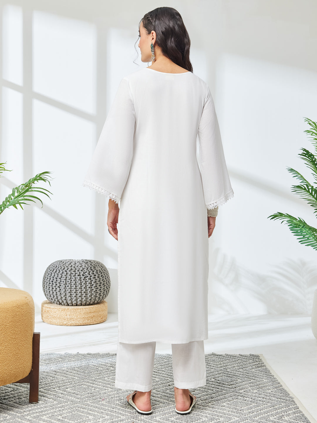 Janasya White Straight Cotton Kurta & Bottom - Dista