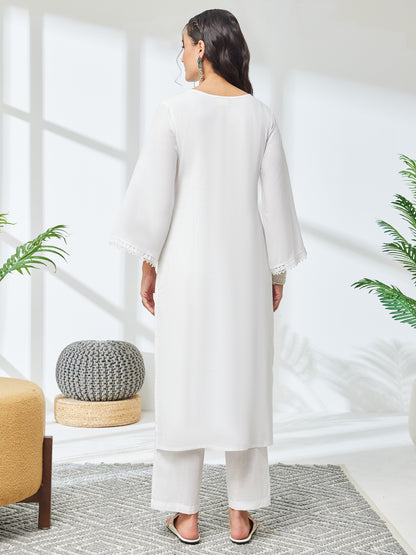 Janasya White Straight Cotton Kurta & Bottom - Dista