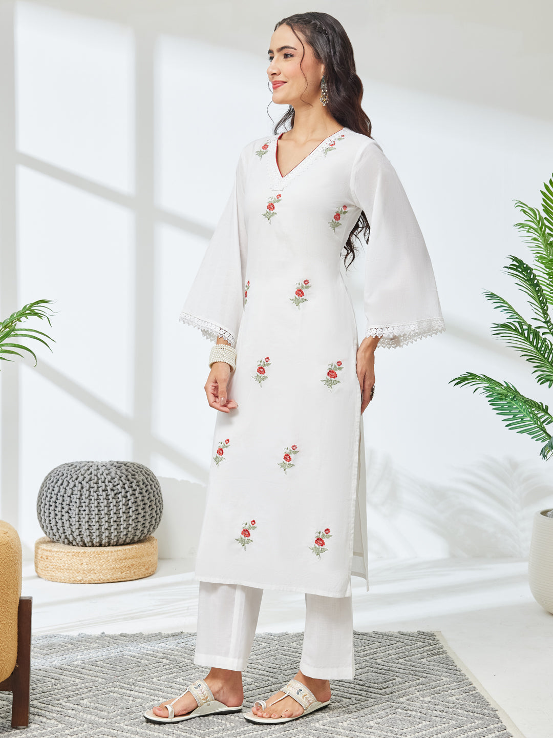 Janasya White Straight Cotton Kurta & Bottom - Dista