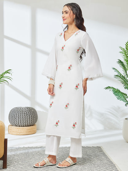 Janasya White Straight Cotton Kurta & Bottom - Dista