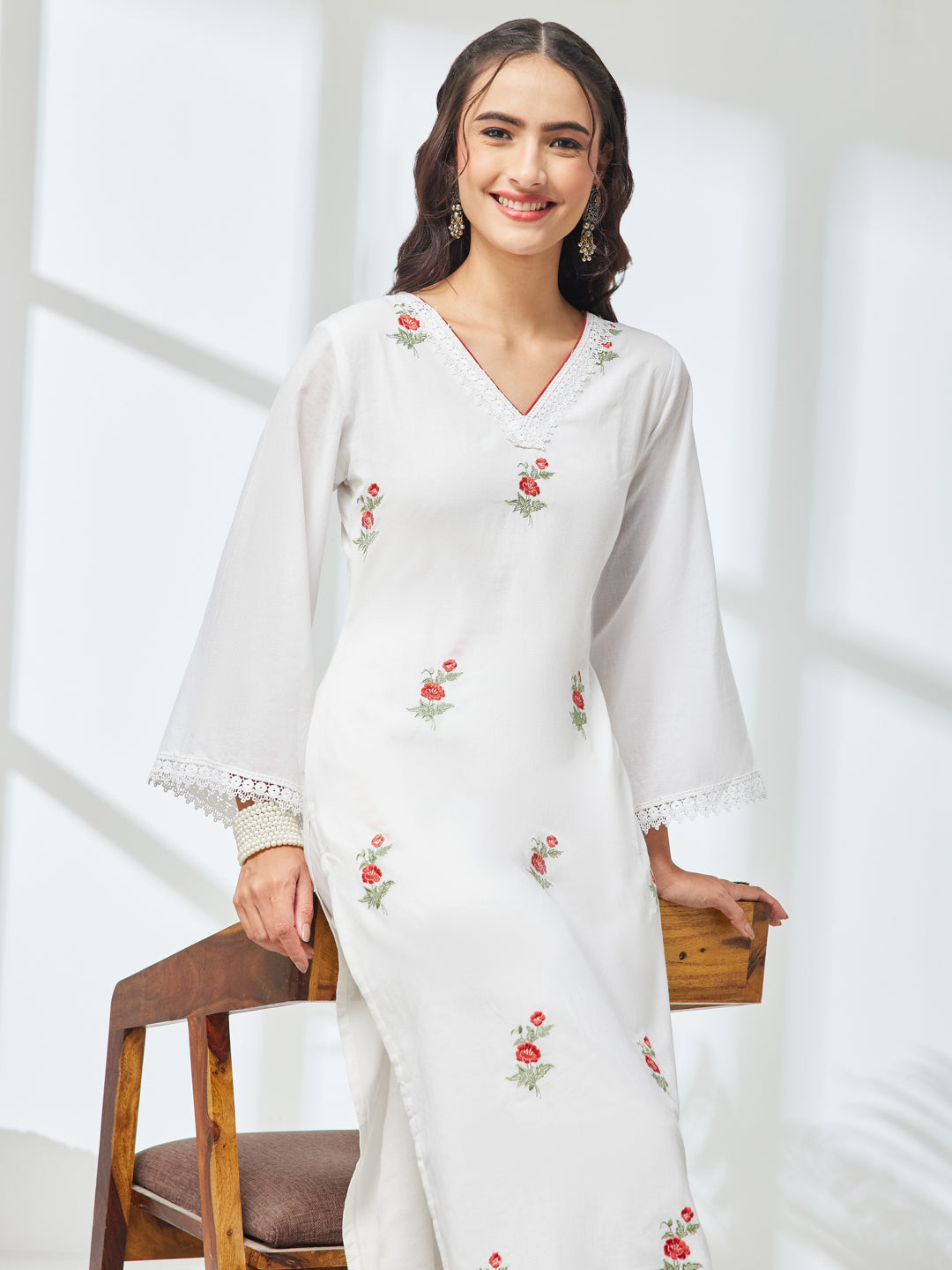 Janasya White Straight Cotton Kurta & Bottom - Dista