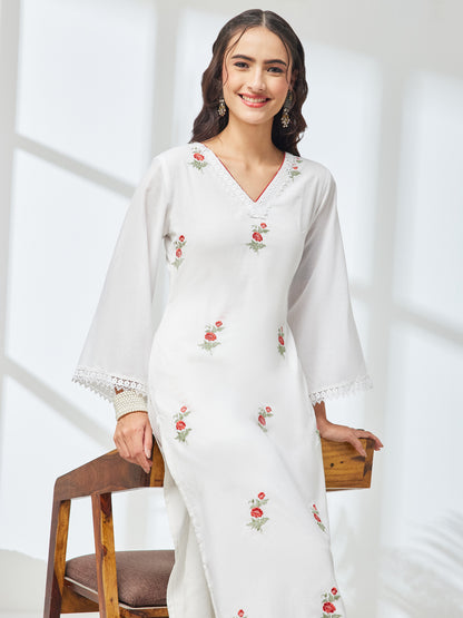 Janasya White Straight Cotton Kurta & Bottom - Dista