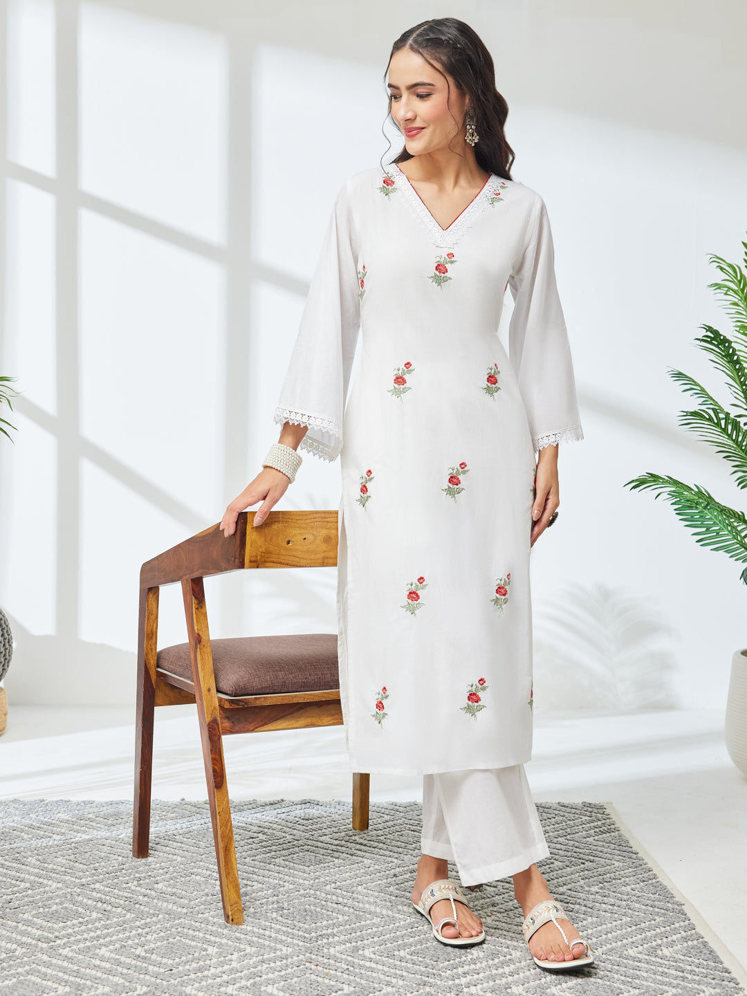 Janasya White Straight Cotton Kurta & Bottom - Dista
