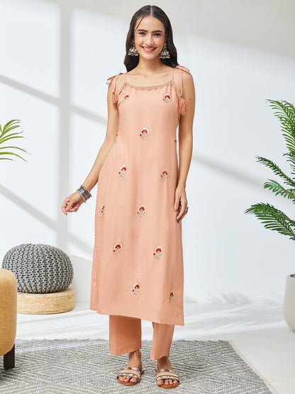 Janasya Peach Straight Cotton Kurta & Bottom - Dista