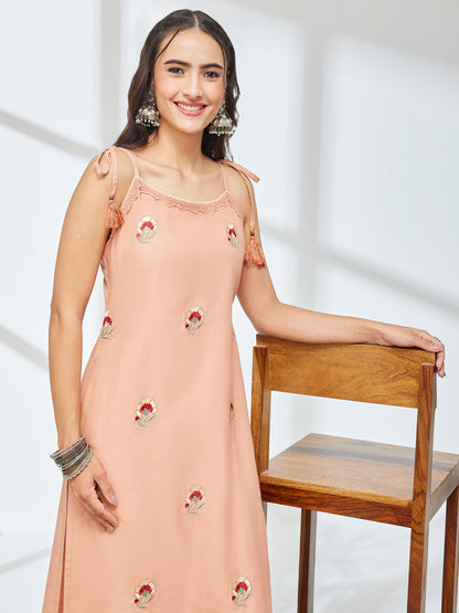 Janasya Peach Straight Cotton Kurta & Bottom - Dista