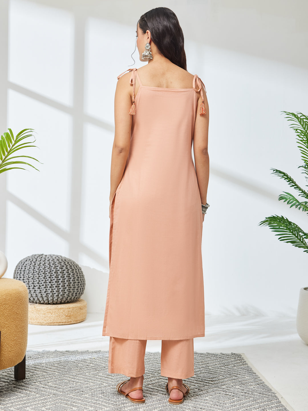 Janasya Peach Straight Cotton Kurta & Bottom - Dista