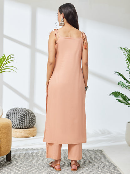 Janasya Peach Straight Cotton Kurta & Bottom - Dista