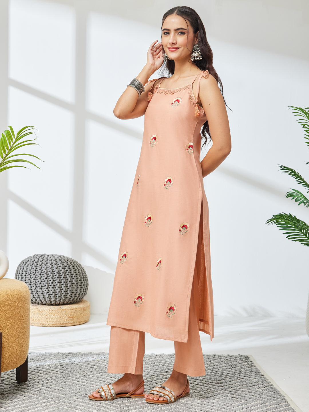 Janasya Peach Straight Cotton Kurta & Bottom - Dista