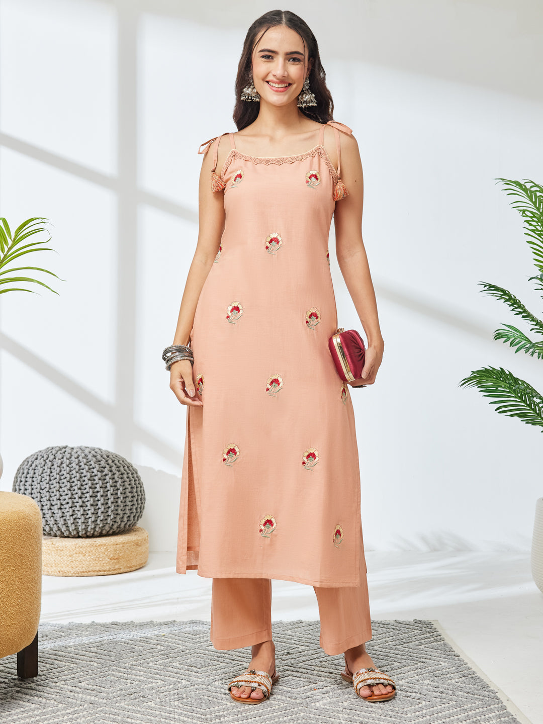 Janasya Peach Straight Cotton Kurta & Bottom - Dista