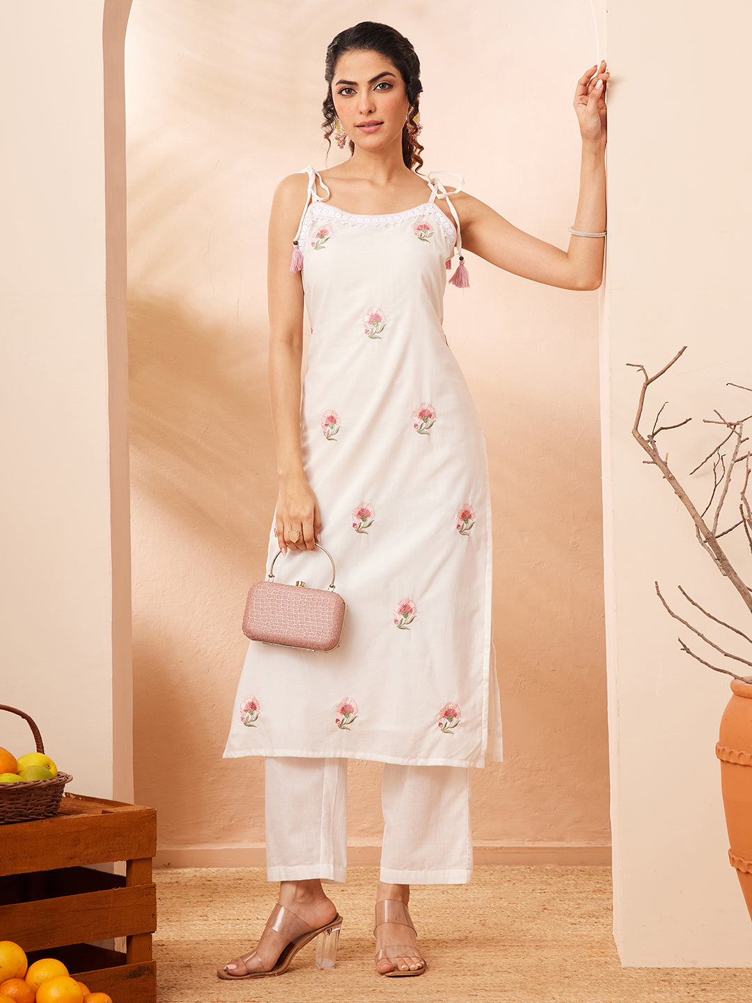 Janasya White Straight Cotton Kurta & Bottom - Dista