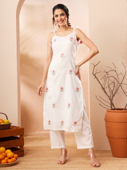 Janasya White Straight Cotton Kurta & Bottom - Dista