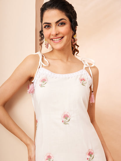 Janasya White Straight Cotton Kurta & Bottom - Dista