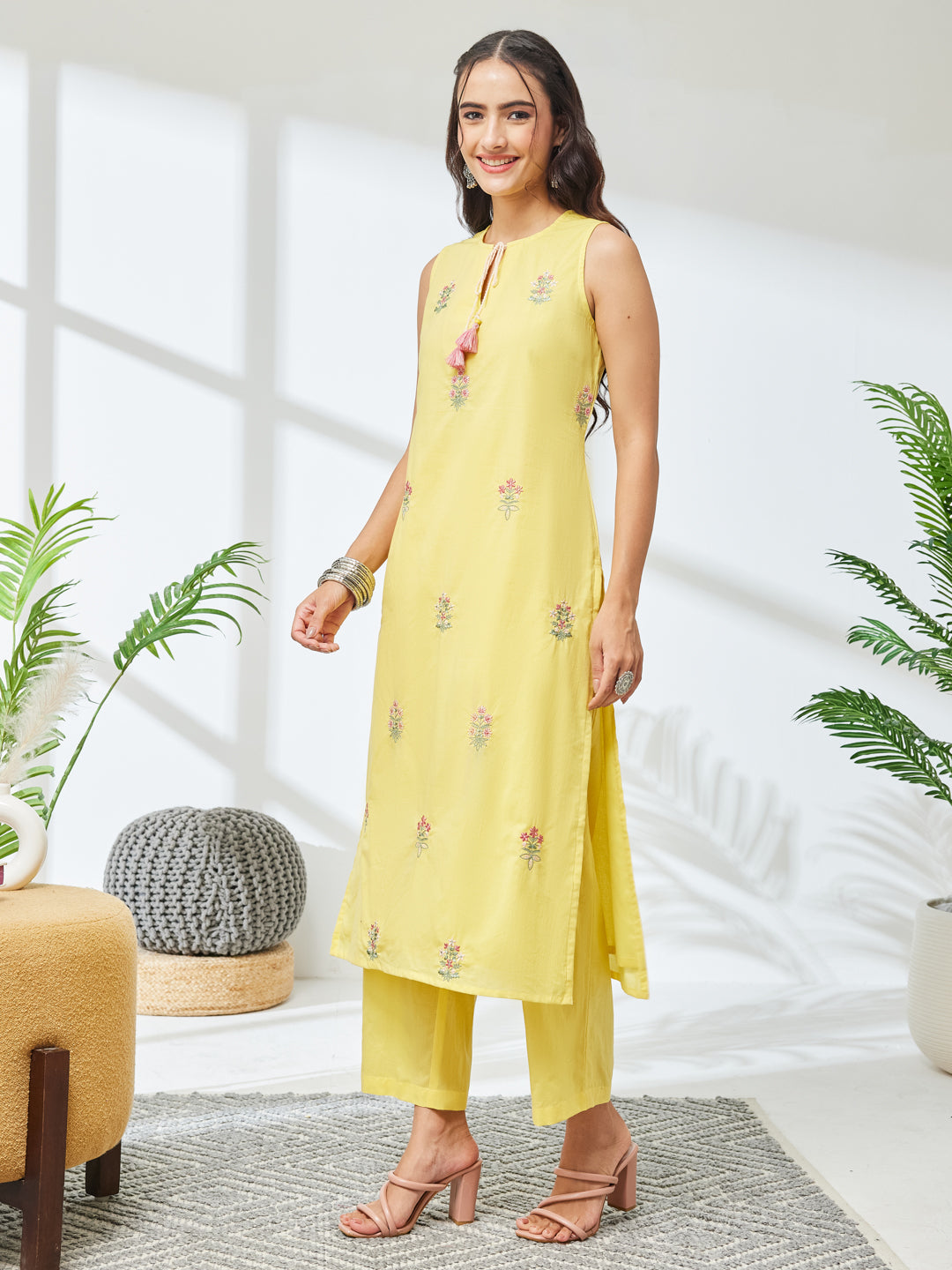 Janasya Yellow Straight Cotton Kurta & Bottom - Dista
