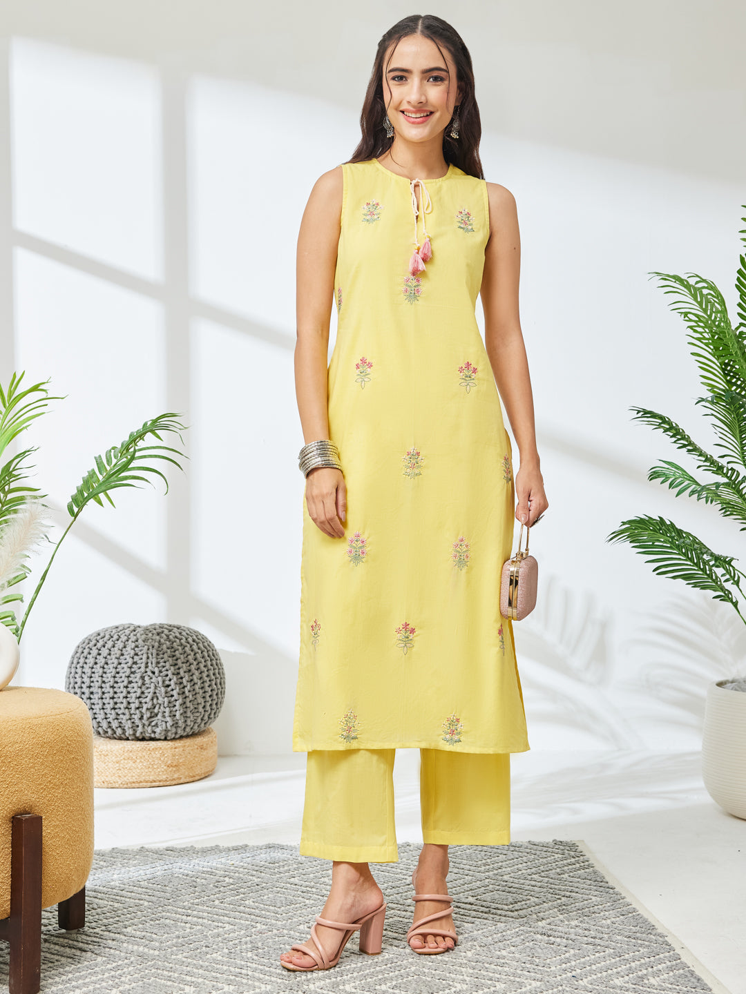 Janasya Yellow Straight Cotton Kurta & Bottom - Dista
