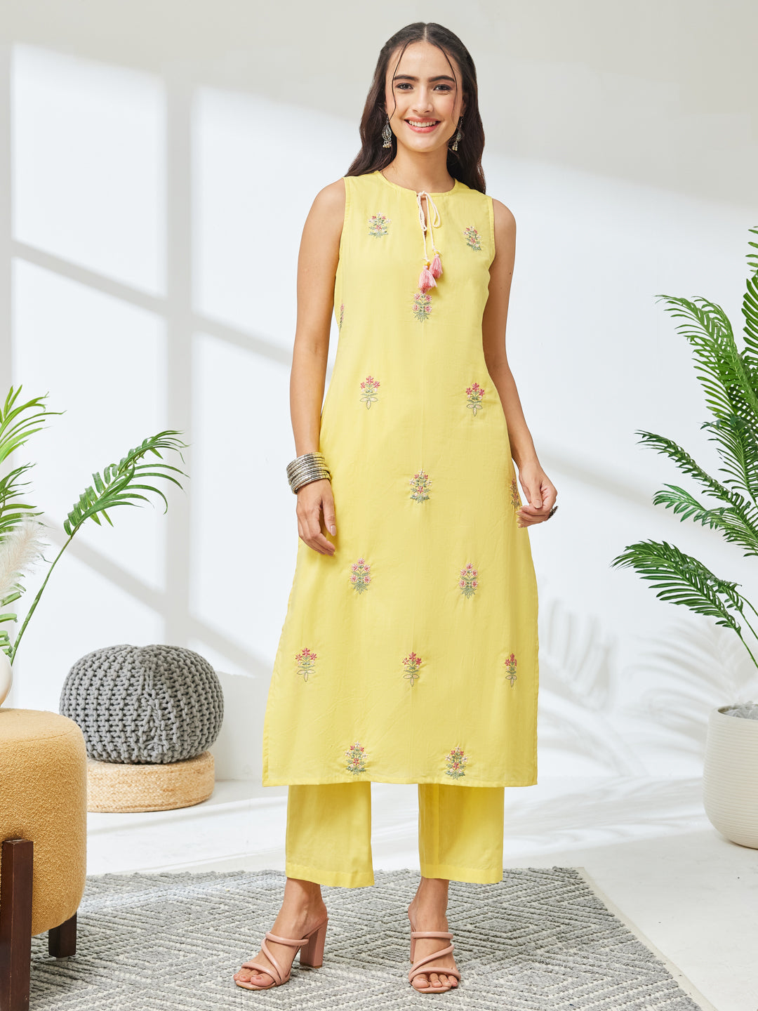 Janasya Yellow Straight Cotton Kurta & Bottom - Dista