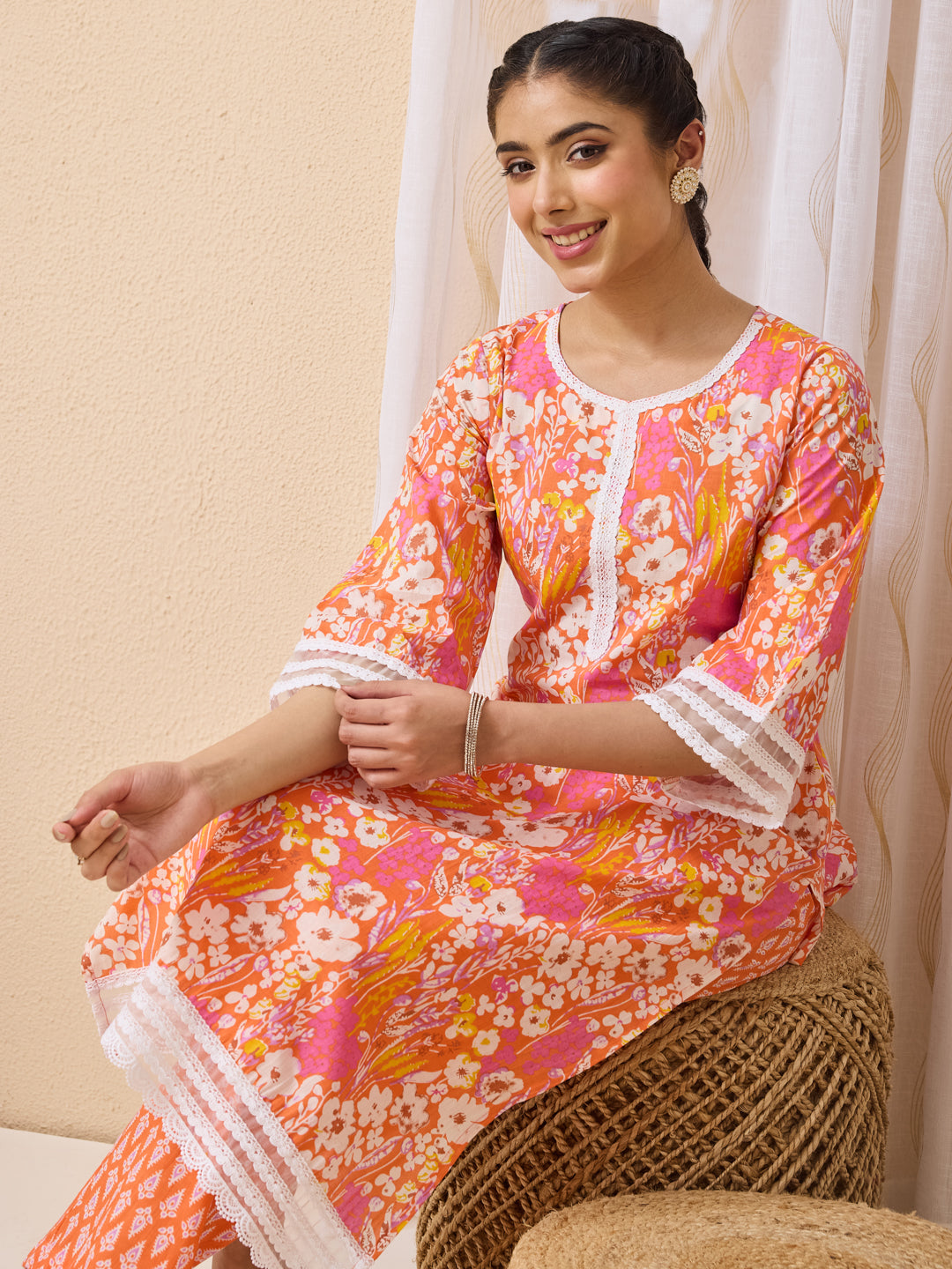 Janasya Orange Straight Cotton Kurta & Bottom - Dista