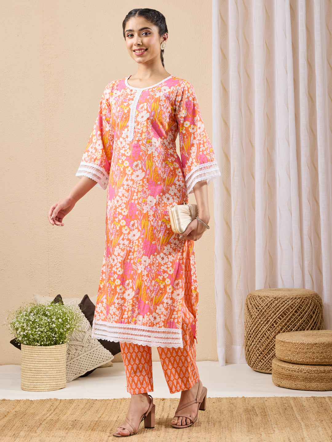 Janasya Orange Straight Cotton Kurta & Bottom - Dista
