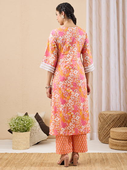 Janasya Orange Straight Cotton Kurta & Bottom - Dista