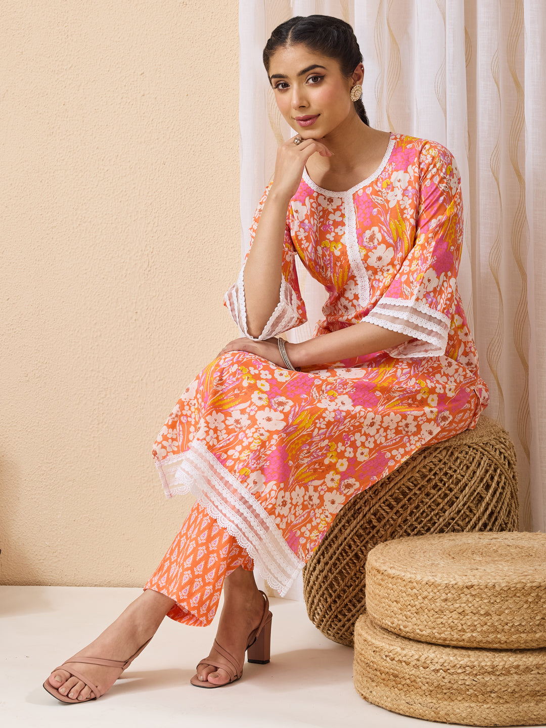 Janasya Orange Straight Cotton Kurta & Bottom - Dista
