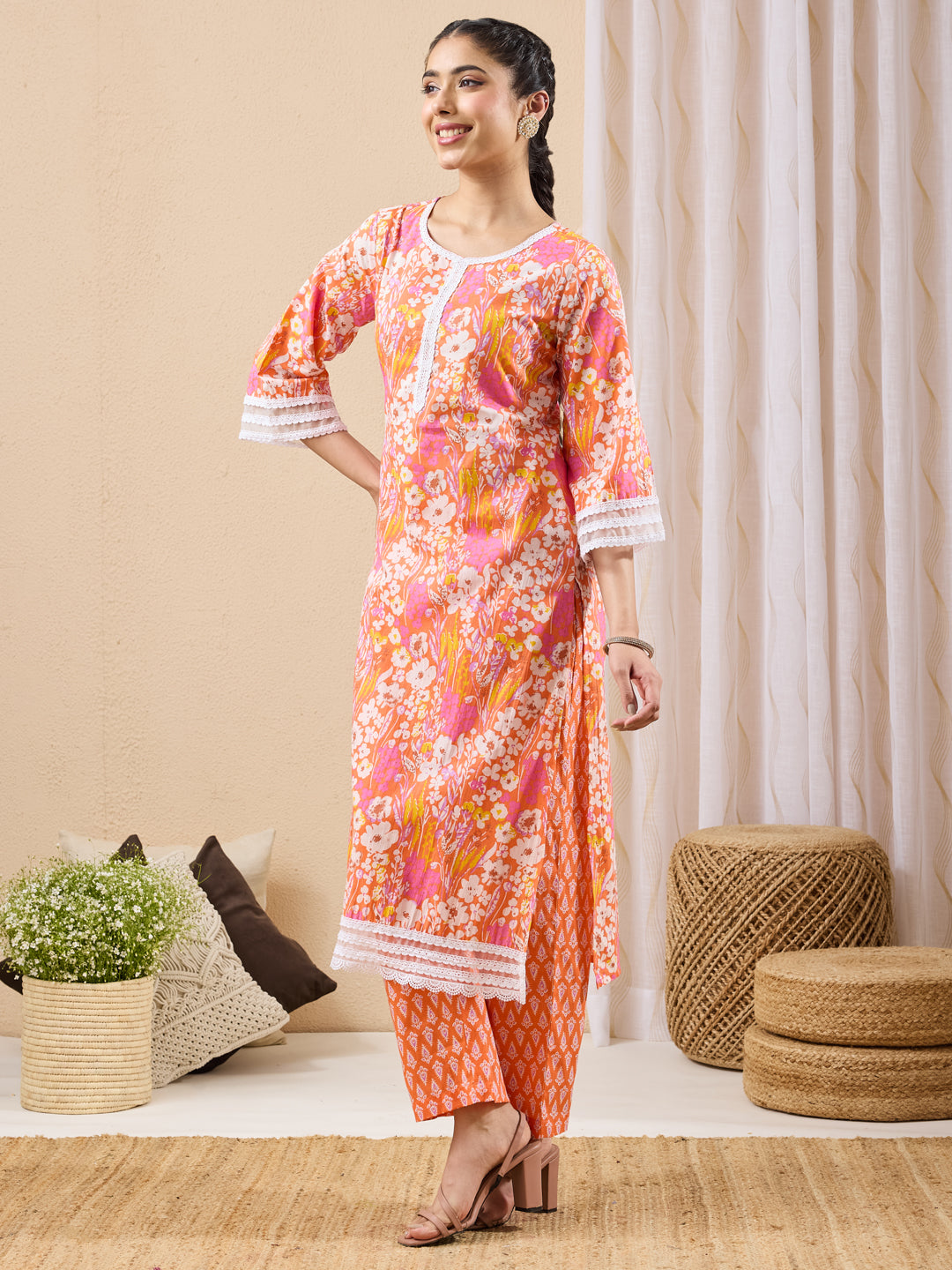 Janasya Orange Straight Cotton Kurta & Bottom - Dista