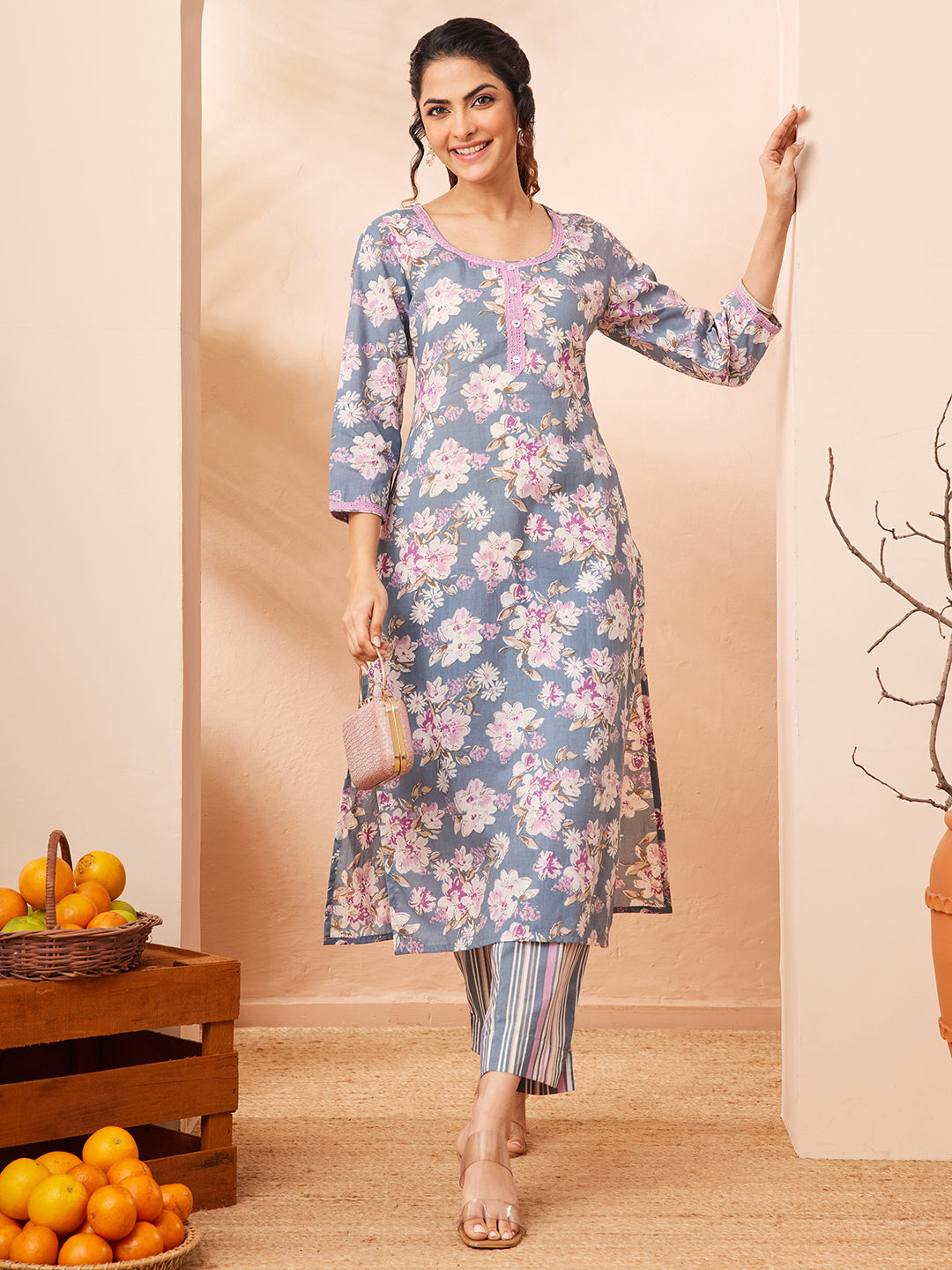 Janasya Grey Straight Cotton Kurta & Bottom - Dista