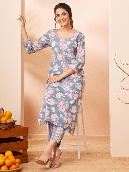 Janasya Grey Straight Cotton Kurta & Bottom - Dista